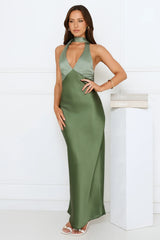 Sunlit Grove Satin Halter Maxi Dress Green