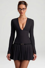Long-Sleeve Pleated Mini Dress in Black