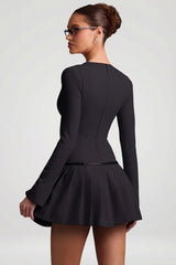 Long-Sleeve Pleated Mini Dress in Black