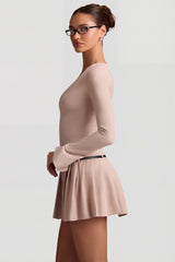 Long-Sleeve Pleated Mini Dress in Mushroom
