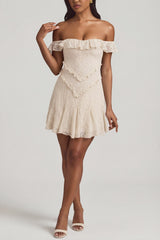 Off-Shoulder Lace A-Line Mini Dress in Ivory