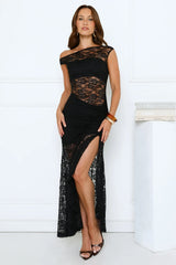 Sultry Spin Lace Off Shoulder Maxi Dress Black