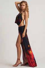 Mid-Rise Split Maxi Skirt in Red Blurred Print