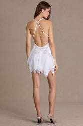 Chiffon Plunge-Neck Open-Back Mini Dress in Snow