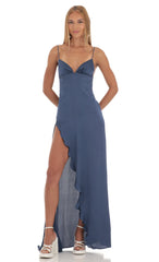 Satin Ruffle Maxi Dress in Blue