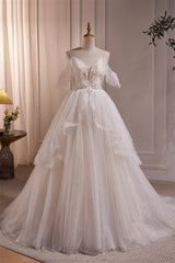 Straps White Tulle Tiered Tulle Formal Gown