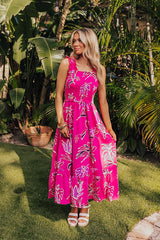 Happy Blooms Smocked Midi in Hot Pink