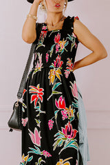 Happy Blooms Smocked Midi in Black