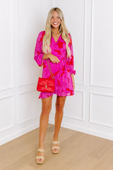 Dinner and a Movie Floral Wrap Dress in Fuchsia