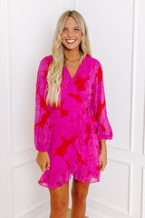 Dinner and a Movie Floral Wrap Dress in Fuchsia