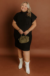 Autumn Crisp Ribbed Sweater Dress in Black Curves
