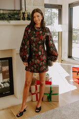 Moonlit Rose Garden Jacquard Mini Dress in Black