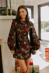 Moonlit Rose Garden Jacquard Mini Dress in Black