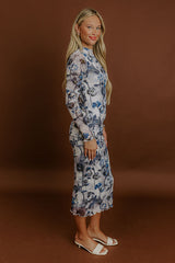Amber Skyline Floral Mesh Midi Dress in Airy Blue