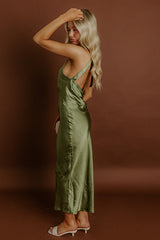 Glitz And Glam Satin Midi Dress in Olive