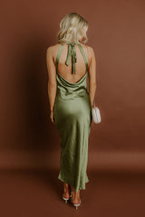 Glitz And Glam Satin Midi Dress in Olive
