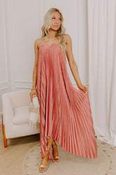 Moonlit Waltz Satin Pleated Maxi Dress in Rustic Rose