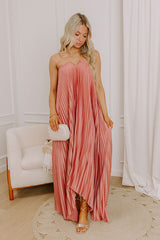 Moonlit Waltz Satin Pleated Maxi Dress in Rustic Rose