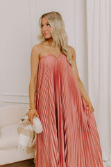 Moonlit Waltz Satin Pleated Maxi Dress in Rustic Rose