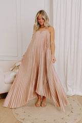 Moonlit Waltz Satin Pleated Maxi Dress in Champagne