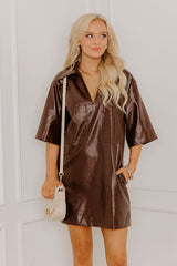Sleek Uptown Faux Leather Mini Dress in Chestnut