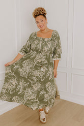 Sunflower Fields Smocked Midi Dress in Olive Curves