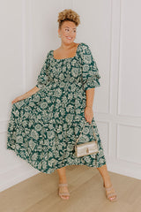 Mystic Garden Floral Smocked Midi Dress in Hunter Green Curves