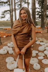 City Nights Faux Suede Asymmetrical Mini Dress in Camel