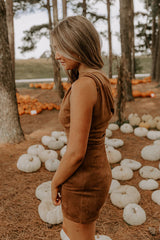 City Nights Faux Suede Asymmetrical Mini Dress in Camel