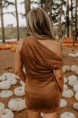 City Nights Faux Suede Asymmetrical Mini Dress in Camel
