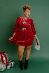 Bows And Kisses Velvet Mini Dress in Crimson Curves