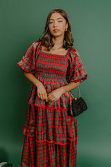 Plaid and Promises Satin Tiered Midi Dress