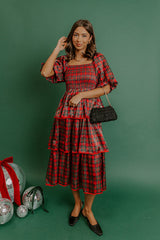Plaid and Promises Satin Tiered Midi Dress