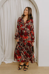 Oak Grove Tiered Floral Midi Dress in Mocha
