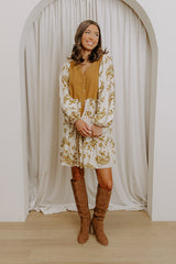 Harvest Charm Floral Mini Dress in Mustard