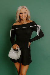 Modern Romance Ribbed Off Shoulder Mini Dress in Black