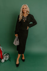 Darling Detail Knit Sweater Midi Dress in Black