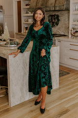 Champagne Toast Floral Velvet Maxi Dress in Emerald