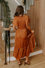 Storybook Charm Smocked Satin Midi Dress in Copper