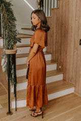 Storybook Charm Smocked Satin Midi Dress in Copper