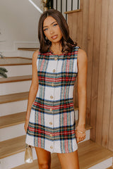 Plaid Kisses Button Down Mini Dress in White