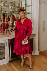 Evening Glow Pleated Satin Midi Dress in Wine Curves