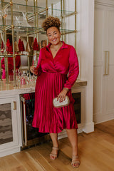 Evening Glow Pleated Satin Midi Dress in Wine Curves