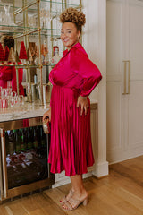 Evening Glow Pleated Satin Midi Dress in Wine Curves