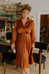 Evening Glow Pleated Satin Midi Dress in Cinnamon Curves