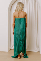 Moonlit Waltz Satin Pleated Maxi Dress in Emerald
