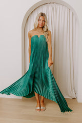 Moonlit Waltz Satin Pleated Maxi Dress in Emerald