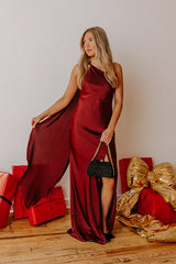 Glam Agenda Satin Asymmetrical Halter Drape Scarf Maxi Dress