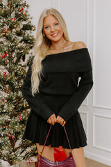 Downtown Stroll Off Shoulder Sweater Mini Dress in Black