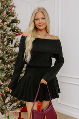 Downtown Stroll Off Shoulder Sweater Mini Dress in Black